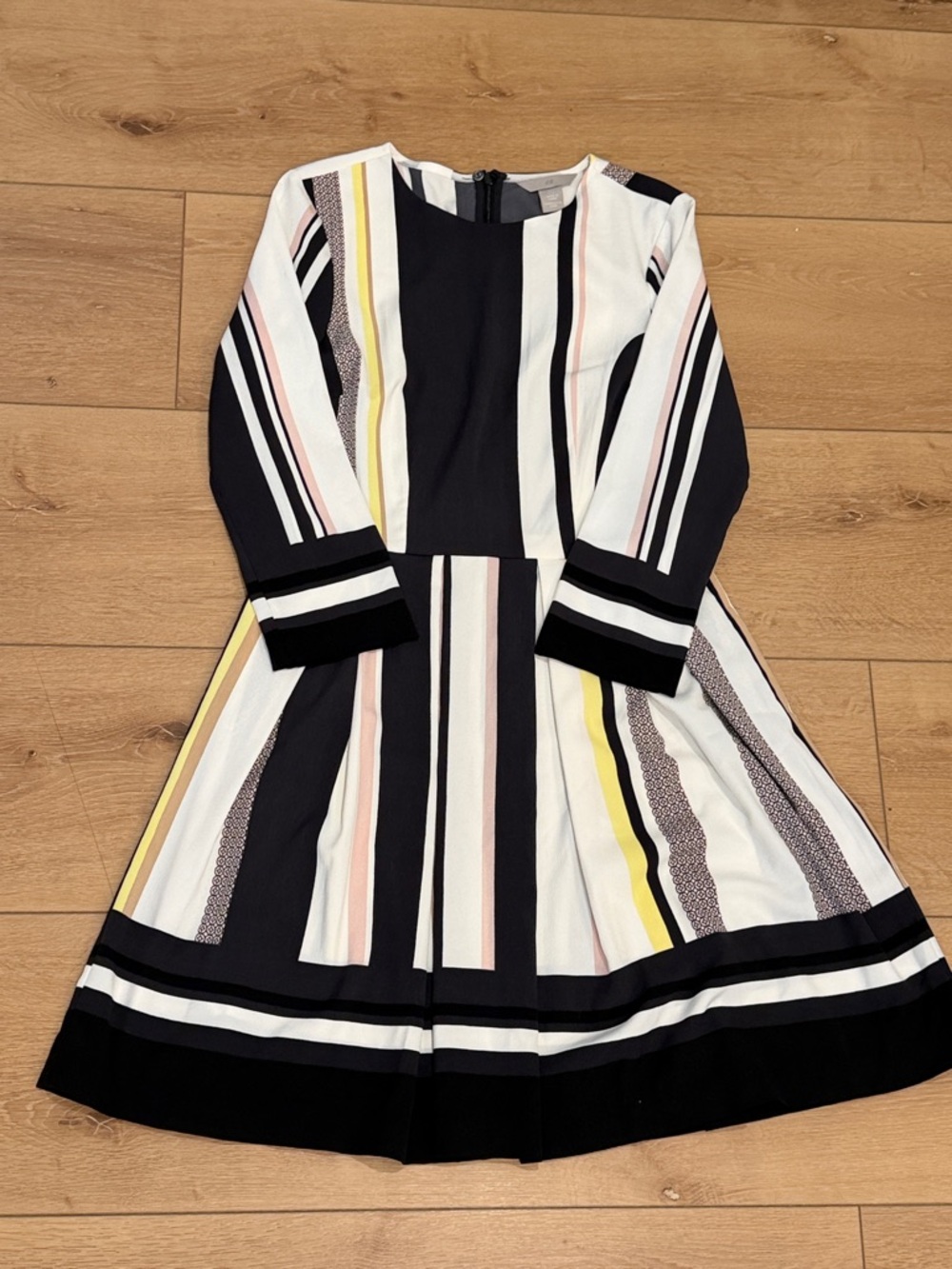 H&M Striped Fit-and-Flare Dress in Black, White, Pink & Yellow